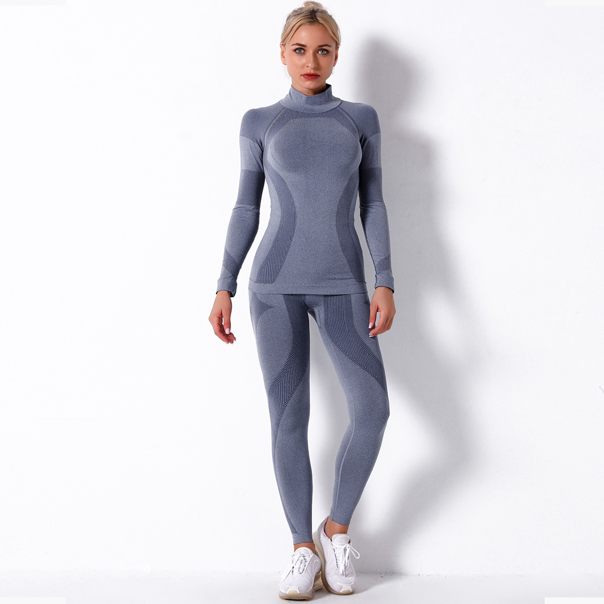 High Neck Striped Seamless Long Sleeve Fitness Suit NSNS11061