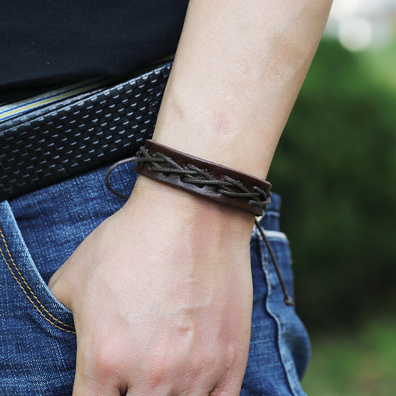 Hot sale menu0027s retro cowhide wax thread new woven bracelet leather jewelry wholesale nihaojewelr