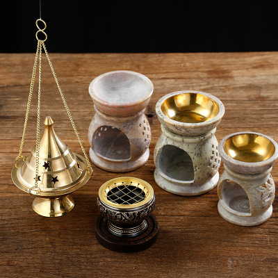 India technology Imported Boutique Copper incense burner manual Hollow Carved Soapstone Copper incense burner household Incense holder series