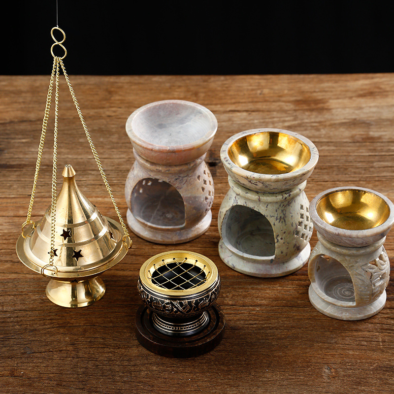 India technology Imported Boutique Copper incense burner manual Hollow Carved Soapstone Copper incense burner household Incense holder series