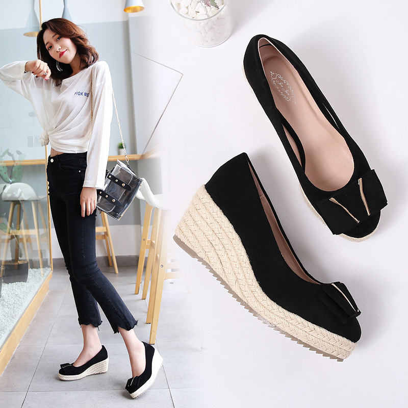 AliExpress Korean version 2020 Spring and Autumn new round head slope documentary high heel thick bottom shallow shoes thick heel work shoes straw woven