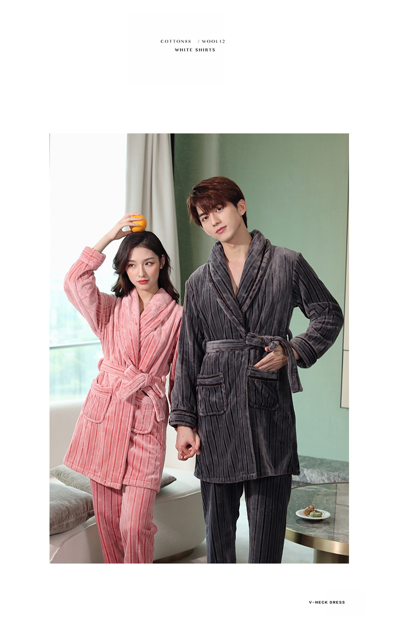 Pigiama da donna GraceChic GraceChic, set di vestaglia e pantaloni in pile corallo autunnale, abbigliamento da casa in flanella a righe per uomo, set invernale_voghion.com