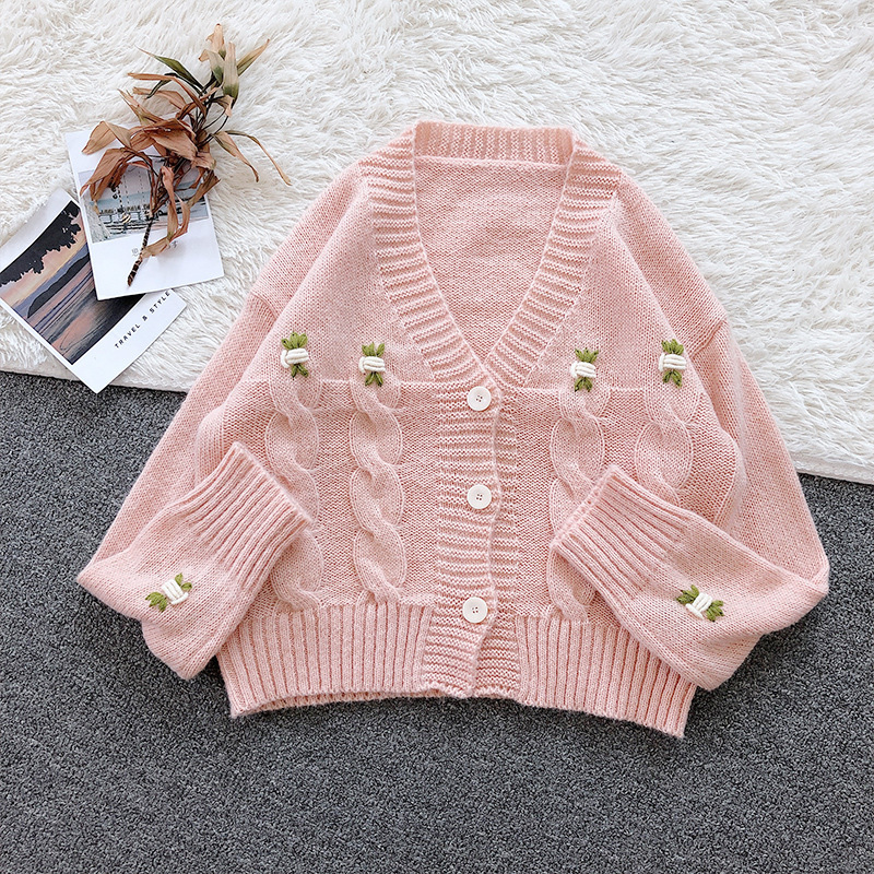 Soft Girl Cute Spring New Sweater Cardigan Small Flower Lotus Root Starch Cardigan Vintage Embroidered V-Neck Jacket Loose Top