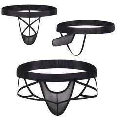 Foreign trade supply love underwear for men, European and American sexy single thong with hollow back, imitation leather mesh men's thong t-pants