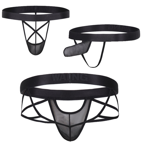 Foreign trade supply love underwear for men, European and American sexy single thong with hollow back, imitation leather mesh men's thong t-pants