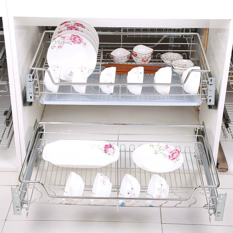 Кухонный шкаф 304 шкаф из нержавеющей стали тянуть корзину двойное Демпфирование блюдо Тянуть Корзину из нержавеющей стали Чаша корзина