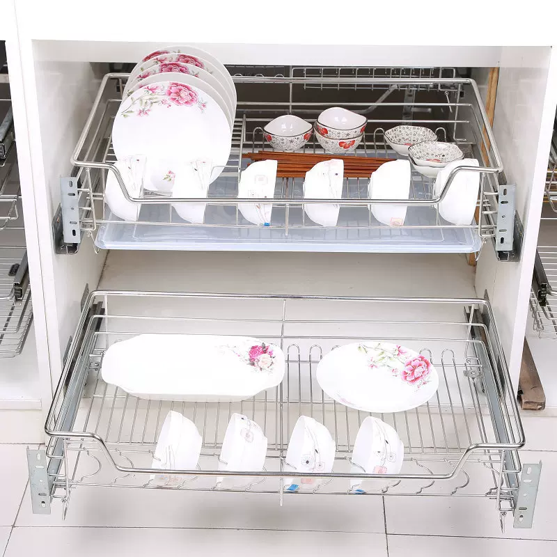 厨房橱柜304不锈钢橱柜拉篮 双层阻尼碗碟拉篮 不锈钢碗篮