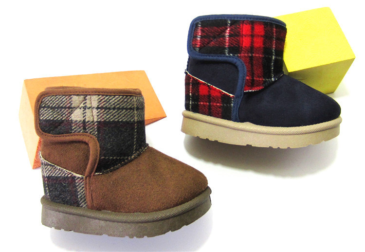 代發外貿冬季格子加厚保暖寶寶棉鞋兒童雪地靴子低筒短靴男童鞋