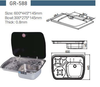 Venta directa de fábrica Estufa de gas RV Accesorios de yate RV con tapa de vidrio Fregadero Estufa de gas GR-588