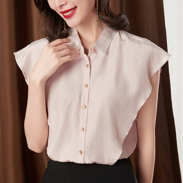 Korean chiffon blouse women’s lotus leaf sleeve simple short sleeve top summer women’s standing collar shirt women