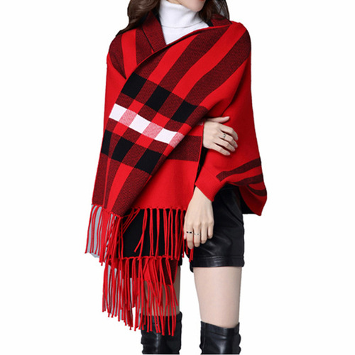Autumn and winter factory direct sales knitted cape cloak for women thickened with sleeves spring and autumn fashion outer plaid shawl cross-border