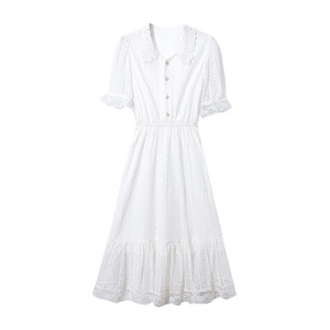 小清新白色仙女裙子夏2020新款时尚气质娃娃领a字中长法式连衣裙