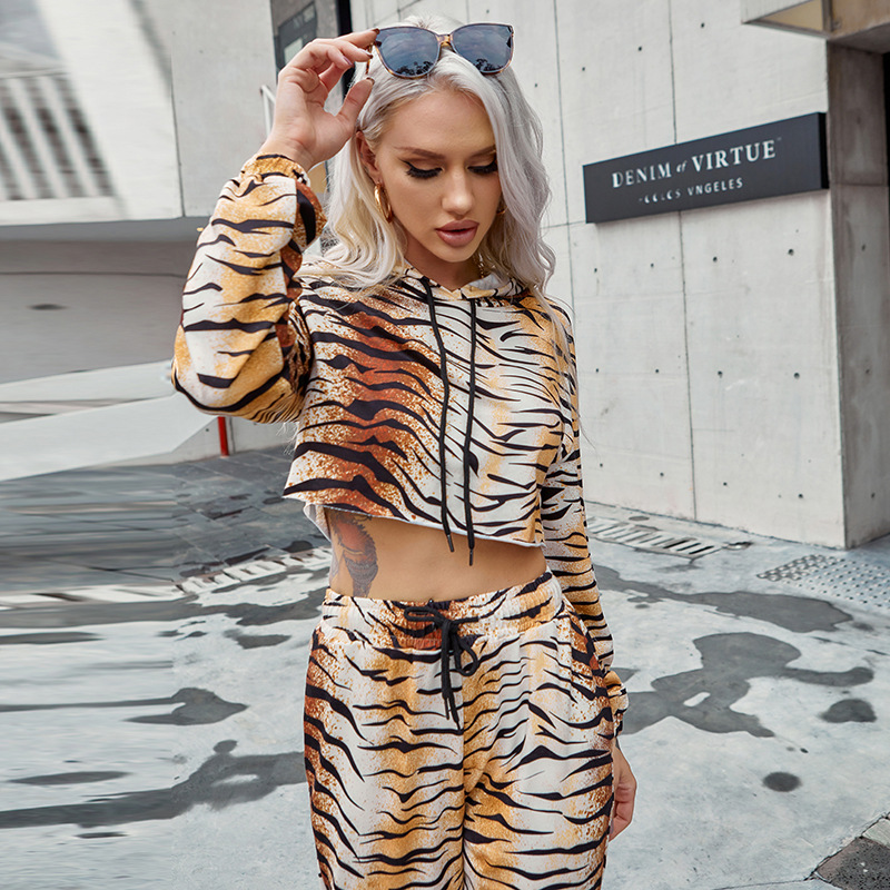 loose leopard print hoodie sweatpants two-piece lounge set NSAFS135542