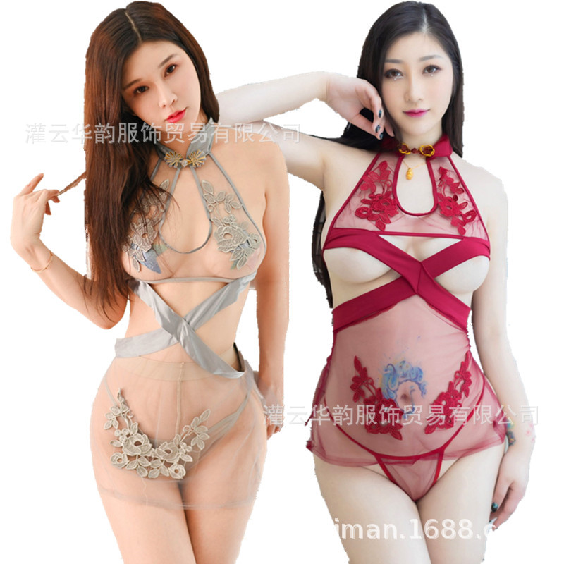 Under Sexy lingerie halter perspective Jacobs sexy transparent Nightdress Temptation Embroidery Hollow classical cheongsam