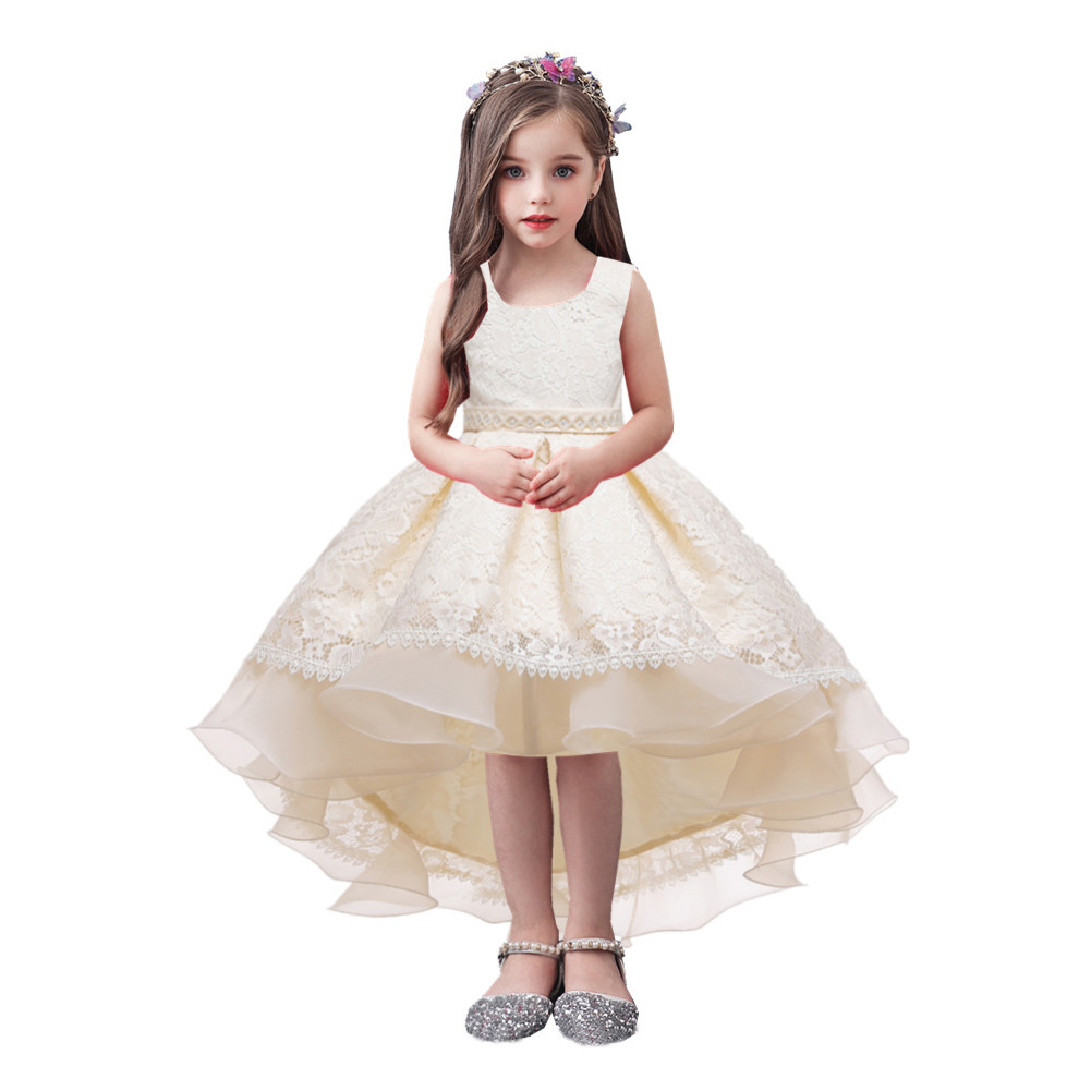 thumbnail image 4 of Vestido de cola para niños, sin mangas, de encaje, de color sólido, para niñas grandes, vestido de princesa para actuación en el escenario, 4 of 6