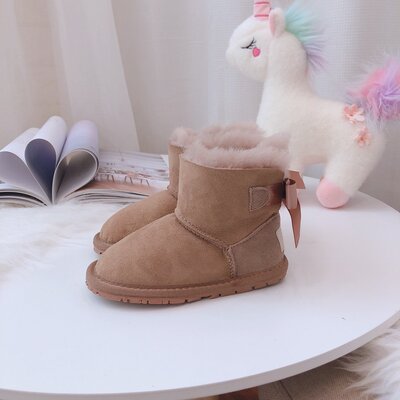 children Snow boots silk ribbon Child sheep Fur integrated thickening keep warm non-slip men and women Children boots