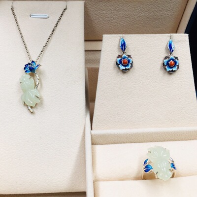 Retro Sterling Silver Tianbai Jade goldfish suit jewelry 925 Silver inlaid jade May you always get more than you wish for Pendant Earrings Ring