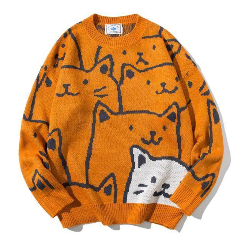 Herrenpullover mit Cartoon-Katzen-Print – Übergroßer Paarpullover im koreanischen Stil (Weiß/Schwarz/Blau/Orange, S-XXL)_voghion.com