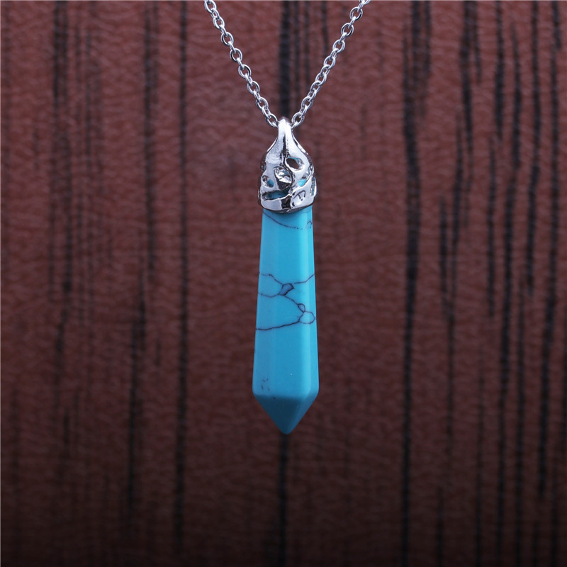 Hexagonal Column Pendant Stainless Steel Turquoise Necklace display picture 2