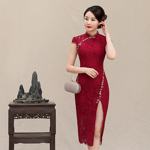Chinese Dress Qipao for women Wine red wedding banquet long cheongsam wedding cheongsam dress large dress