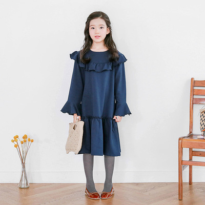 2020新款韓版寶藍色拼接款裙子舒適連身裙女童秋款衛衣連衣裙