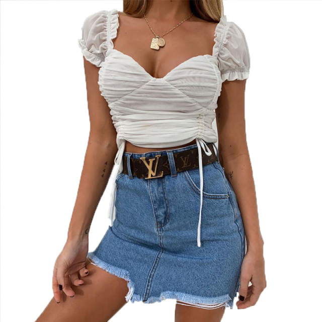 European and American T-shirt sexy low chest bubble sleeve short top