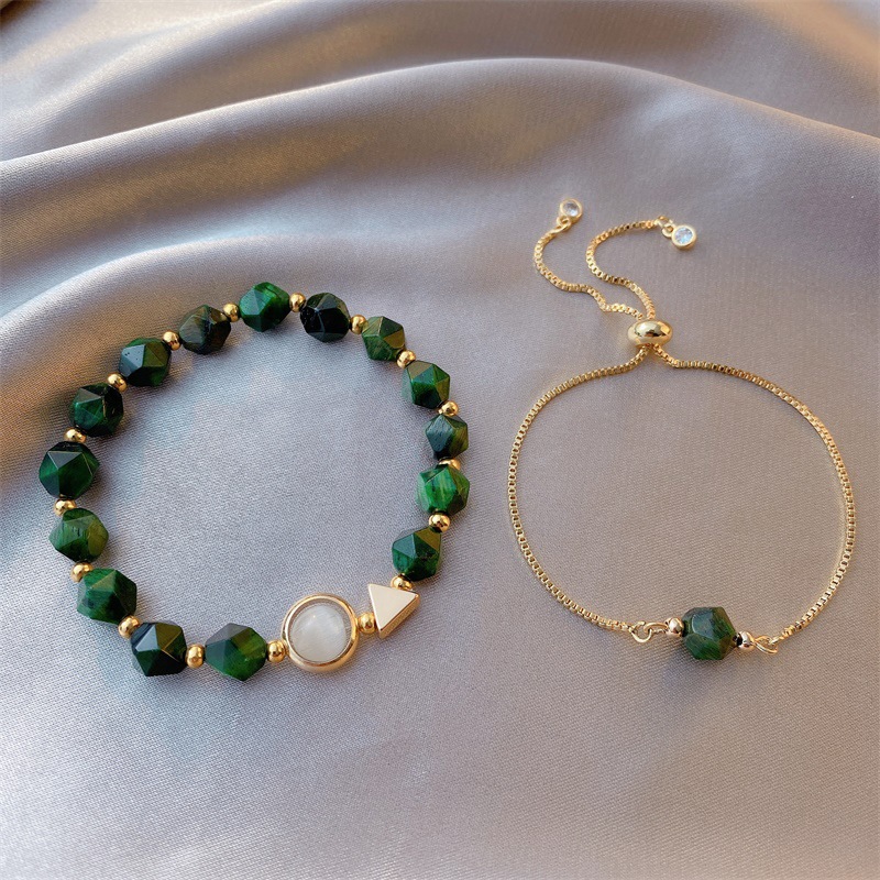 Simple Green Gemstone Bracelet Korean Style Tiger Eye Stone Alloy Bracelet 2-piece Set display picture 4