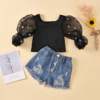 Cotton dot mesh sleeve striped top perforated denim shorts children’s suit