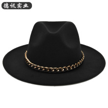 亚马逊欧美羊毛呢英伦复古爵士帽百搭复古大檐帽大金链黑色礼帽