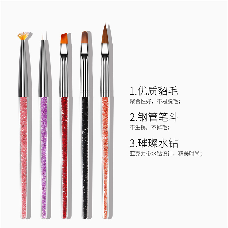 Nueva llegada transfronteriza traje de cepillo de cristal de uñas flor en forma de abanico pluma floreciente línea de dibujo de uñas pluma de fototerapia tallada