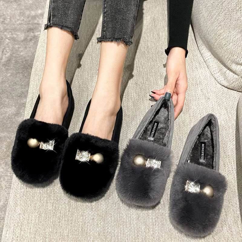 Zapatos de felpa de las mujeres ropa de invierno zapatos de guisantes forrados de lana caliente deslizamiento-En hebilla de diamante de metal piel de conejo Rex más tamaño zapatos de algodón de fondo suave image 4