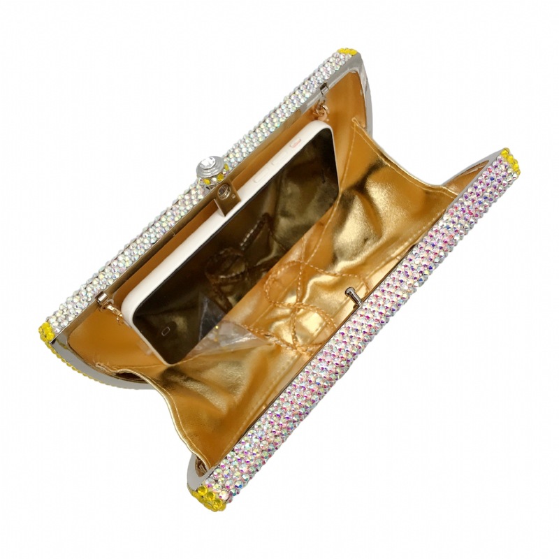 Túi clutch nữ đính đá hình quả chanh, hộp cứng kim cương đáy phẳng, kèm dây xích 48 cm — Màu vàng