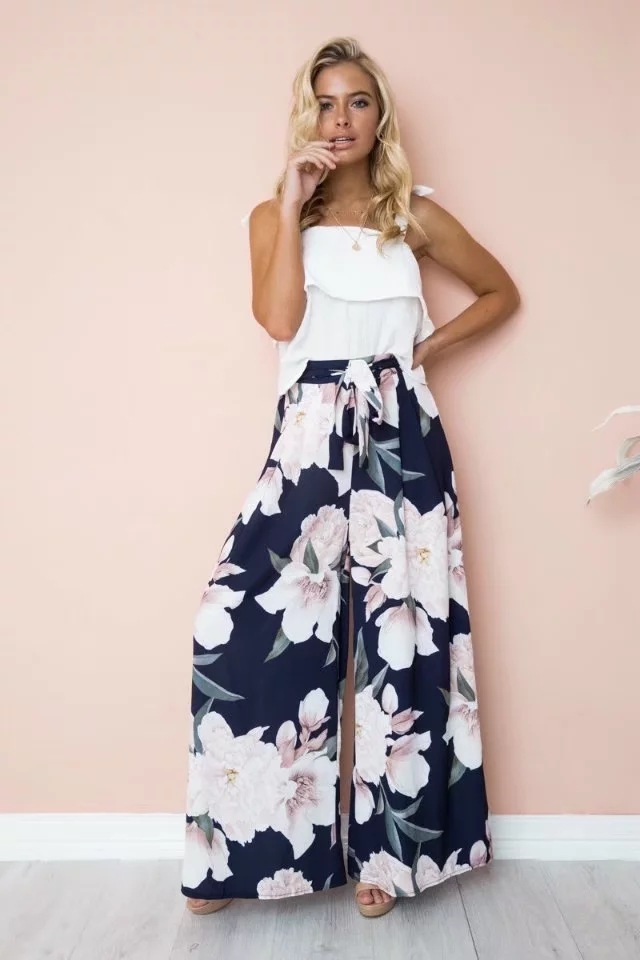 high waist loose floral printing wide leg pants NSZXS136547