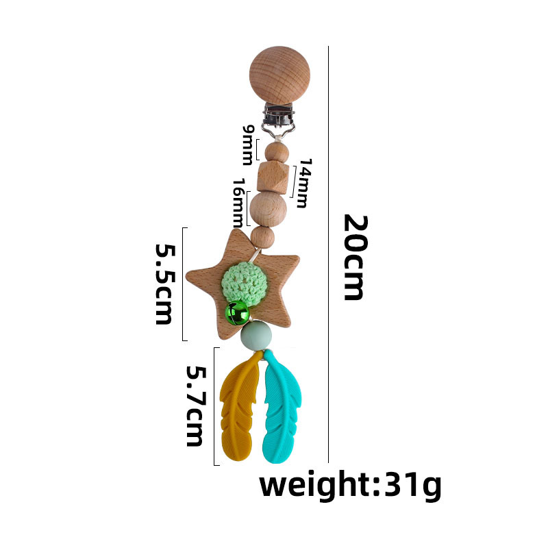 DIY pluma de silicona estrella de cinco puntas juguete teether cochecito coche colgando accesorios bebé chupete cadena teether palo