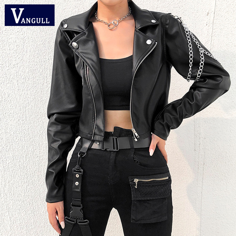 Chain Leather Jacket Women's short slim Pu small jacket motorcycle leather jacket fashion arm chain leather jacket