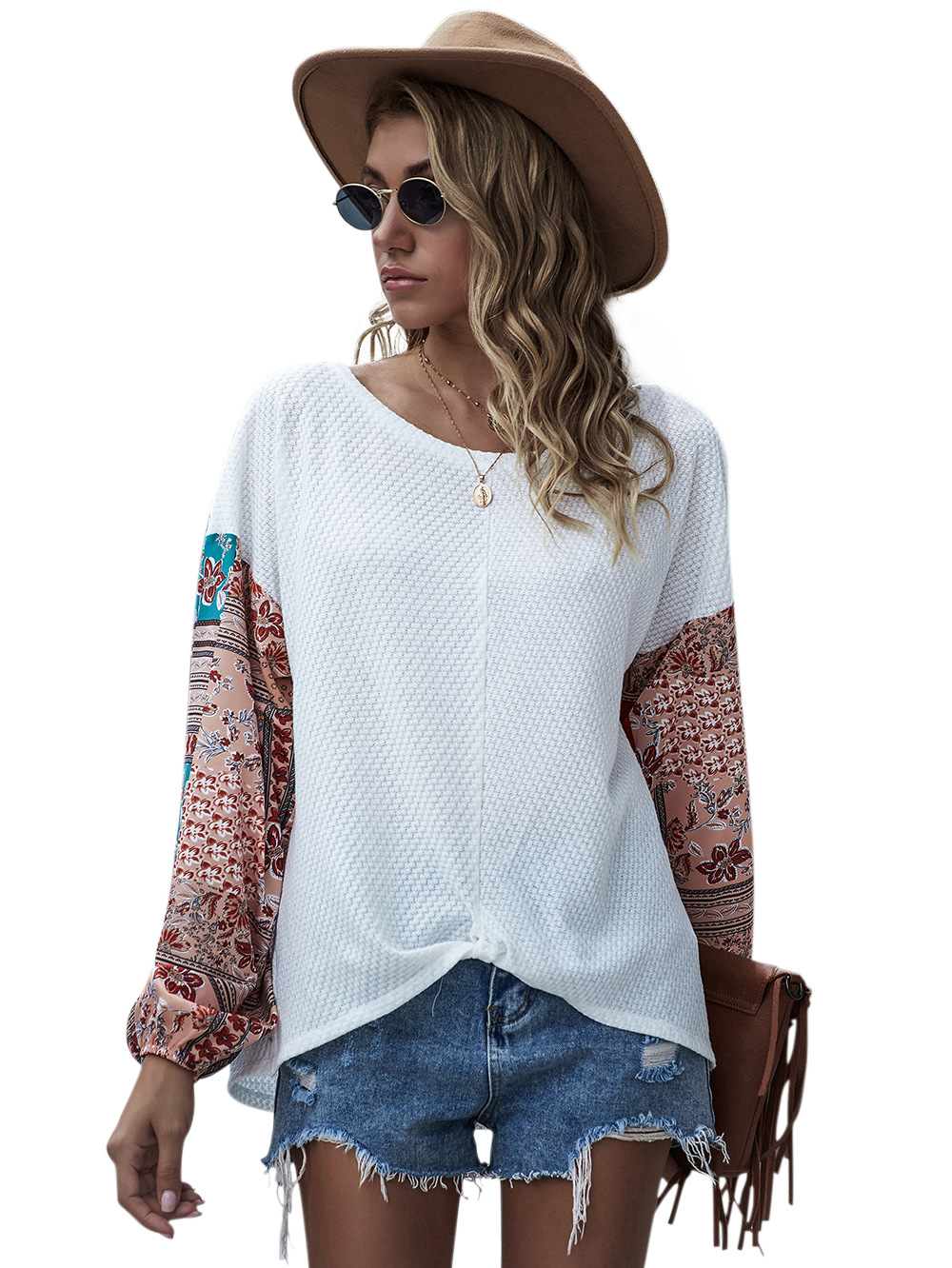 printed stitching long-sleeved bohemian casual T-shirt top NSDF2602