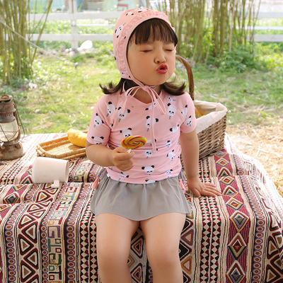 支持少量定制贴牌 出口品质 草莓小熊儿童短袖分体泳衣女童三件套|ms