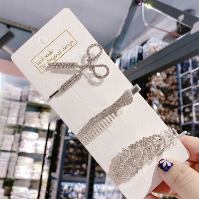 创意设计感镶钻一字夹ins气质水晶剪刀树叶梳子发夹少女刘海边夹