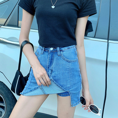 2021新款女装高腰百搭a字裤裙创意不规则分叉弹力牛仔半身裙女601|ms