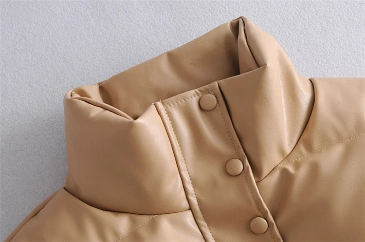 Damenbekleidung lässig einfarbig einfache Leder Baumwollkleidung für Damen Winter neue kleine Stehkragen Pu-Jacke_voghion.com