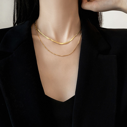Simple double layer stacked necklace for women ins trendy personality hip hop European and American snake bone chain temperament internet celebrity short clavicle chain