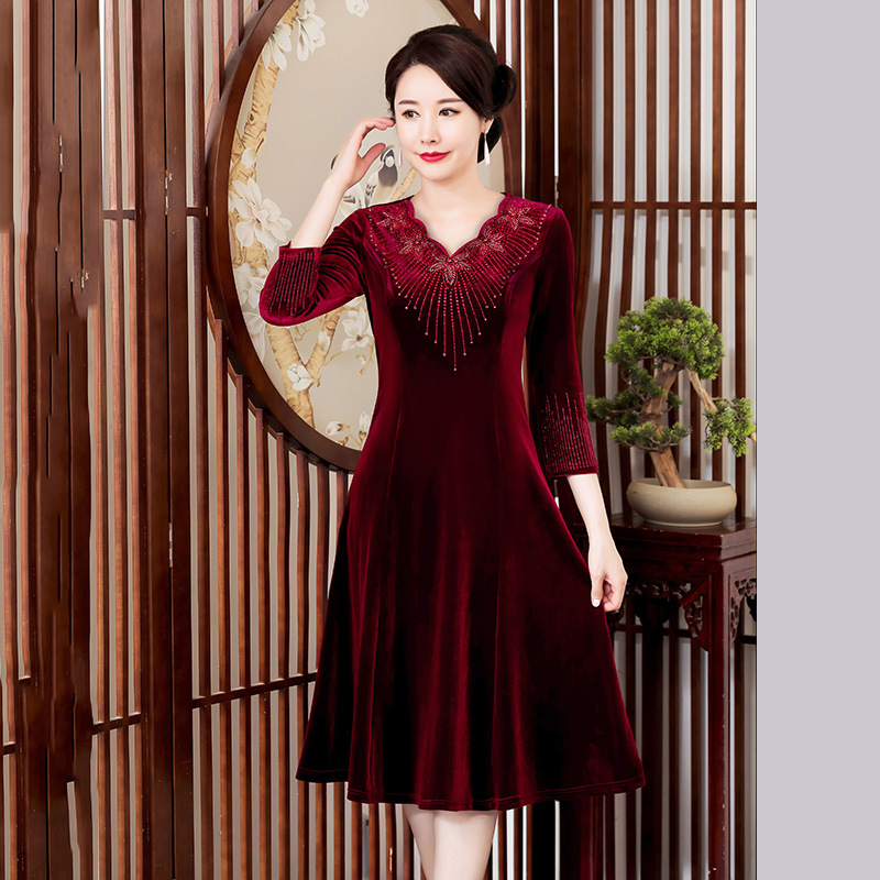 唐凰韵2021新款改良旗袍妈妈中袖大摆裙钉钻金丝绒连衣裙女婚宴装