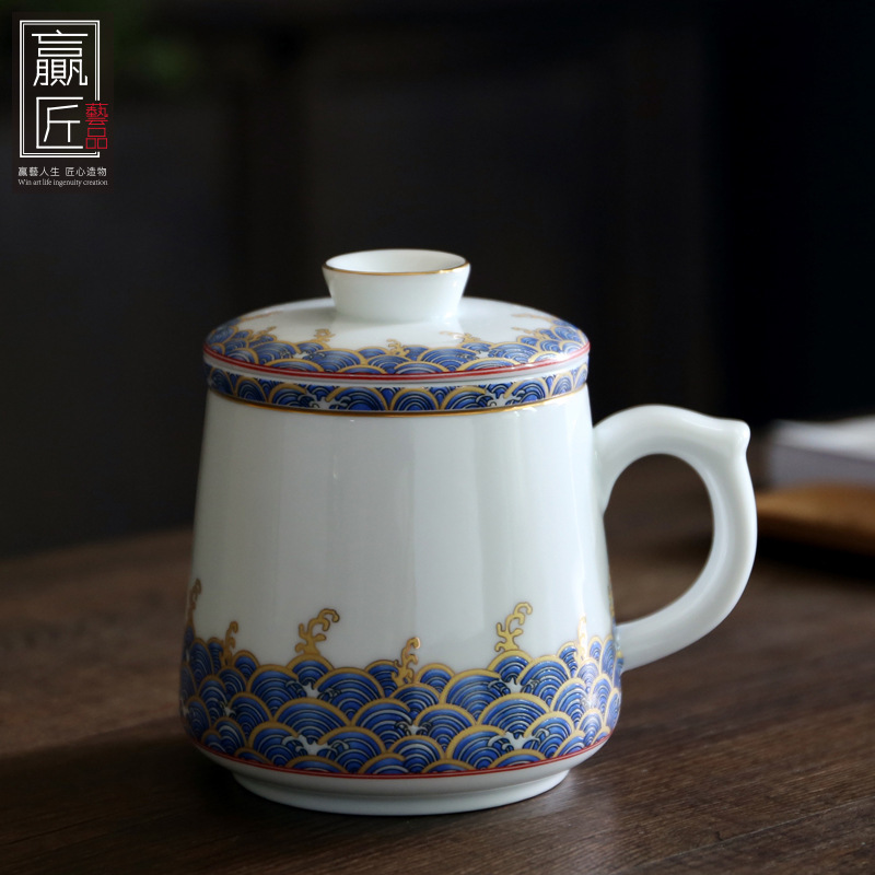Winjiang esmalte Taza de cerámica té separación personal Oficina taza de té con tapa logo letras
