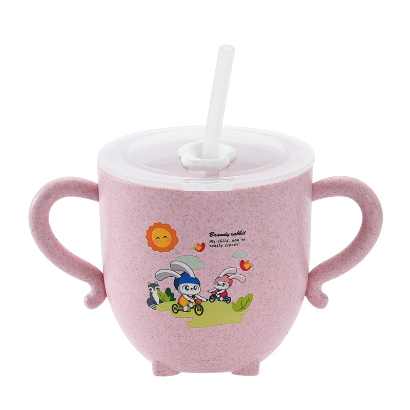 Taza de agua de paja de trigo con escala bebé con tapa taza de beber niños lindo regalo de taza de dibujos animados