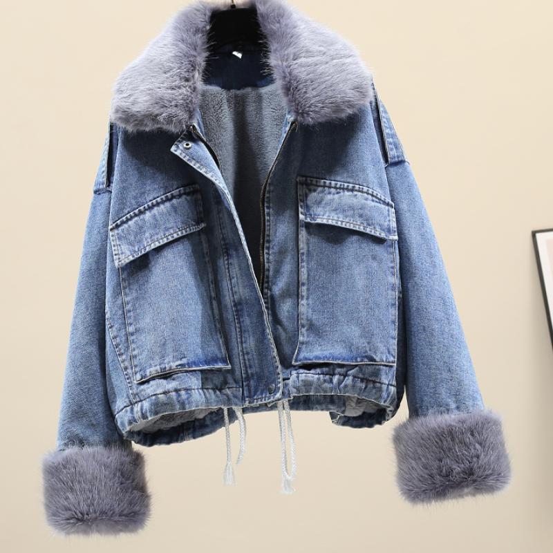 Abbigliamento da donna Spot abbigliamento invernale nuovo stile giacca di jeans con collo di pelliccia giacca di jeans larga in velluto per le donne_voghion.com