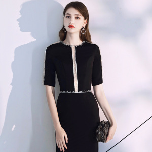 Evening dress female high end atmosphere black dress long banquet dress