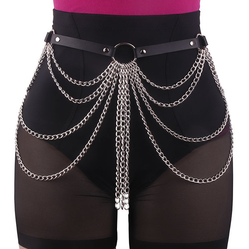 European and American cross-border PU decorated belt with multi-layer metal chains and tassels, body chain for nightclubs, bars, and performance decorations, waist chain