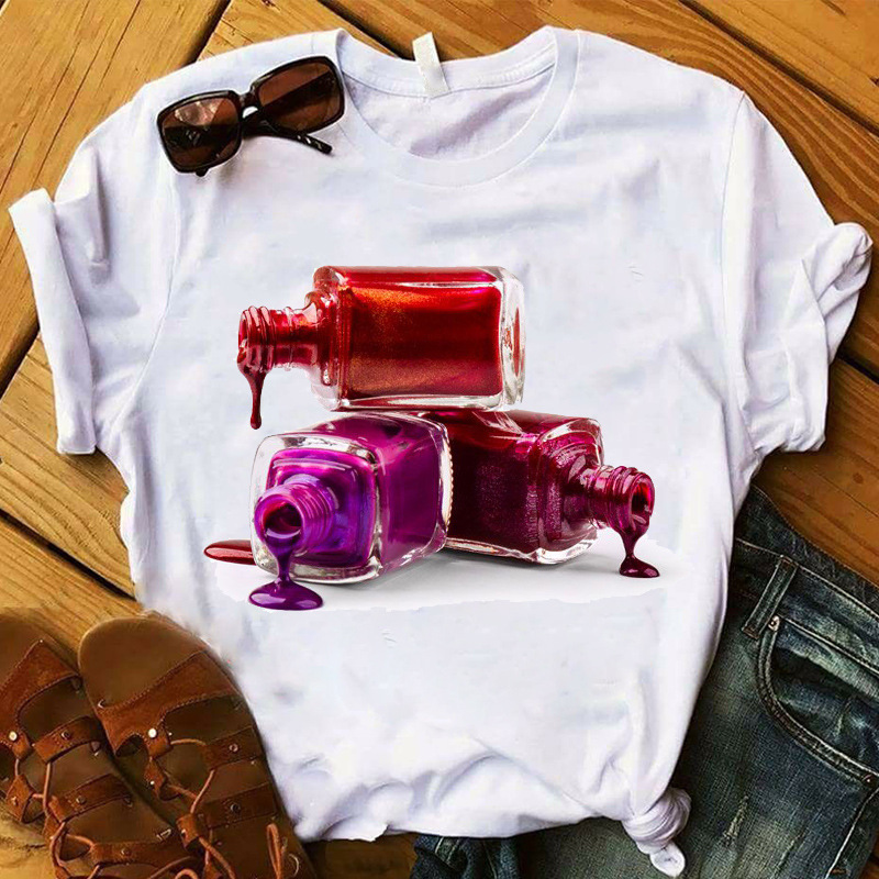 Spring and Summer 2022 Cosmetic Nail Polish Student Casual T-shirt Women's Short-sleeved 3D Printed Top Cross-border Women's Clothing