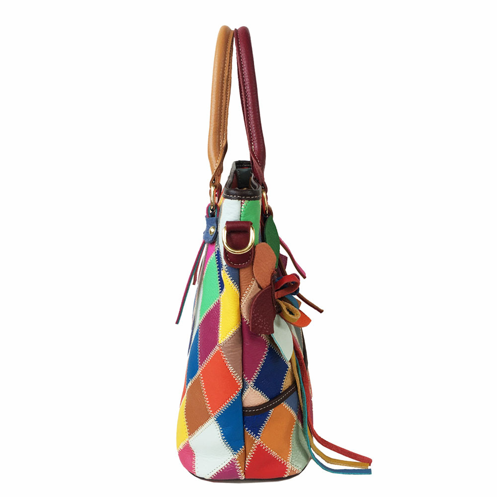 Damen Handtasche Aus Echtleder, Bunte Beuteltasche Mit Muster_voghion.com