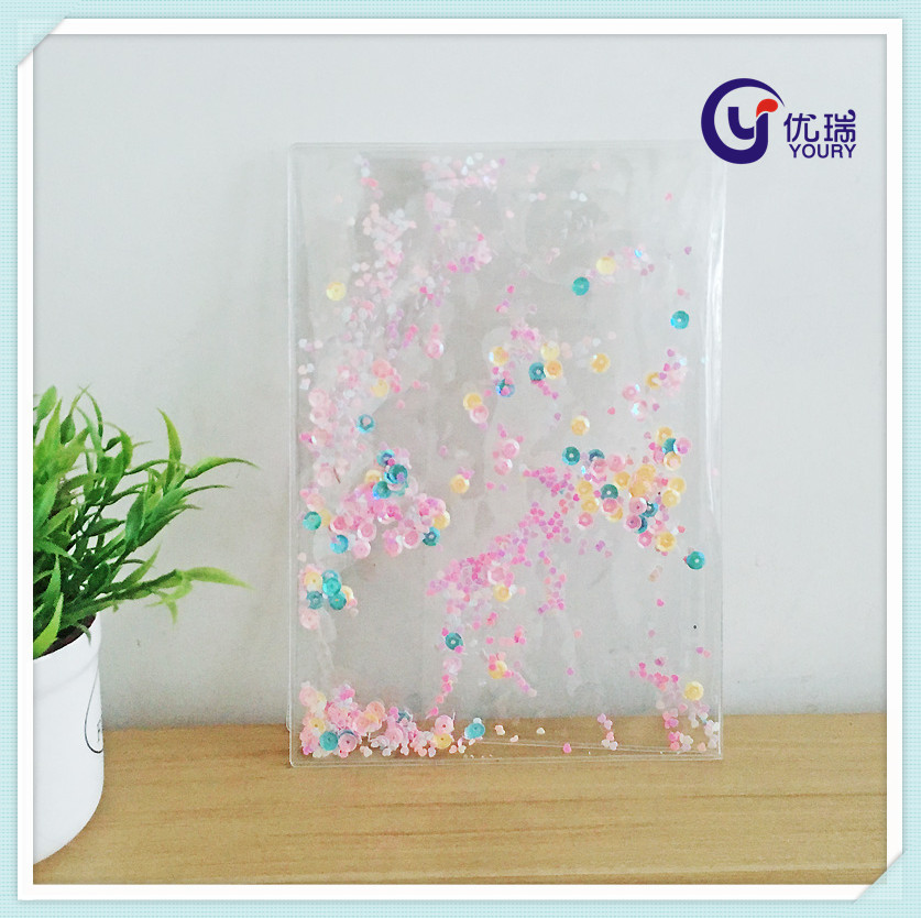 厂家专业定做透明pvc封面亮片书皮 pvc亮片葱粉入油笔记本